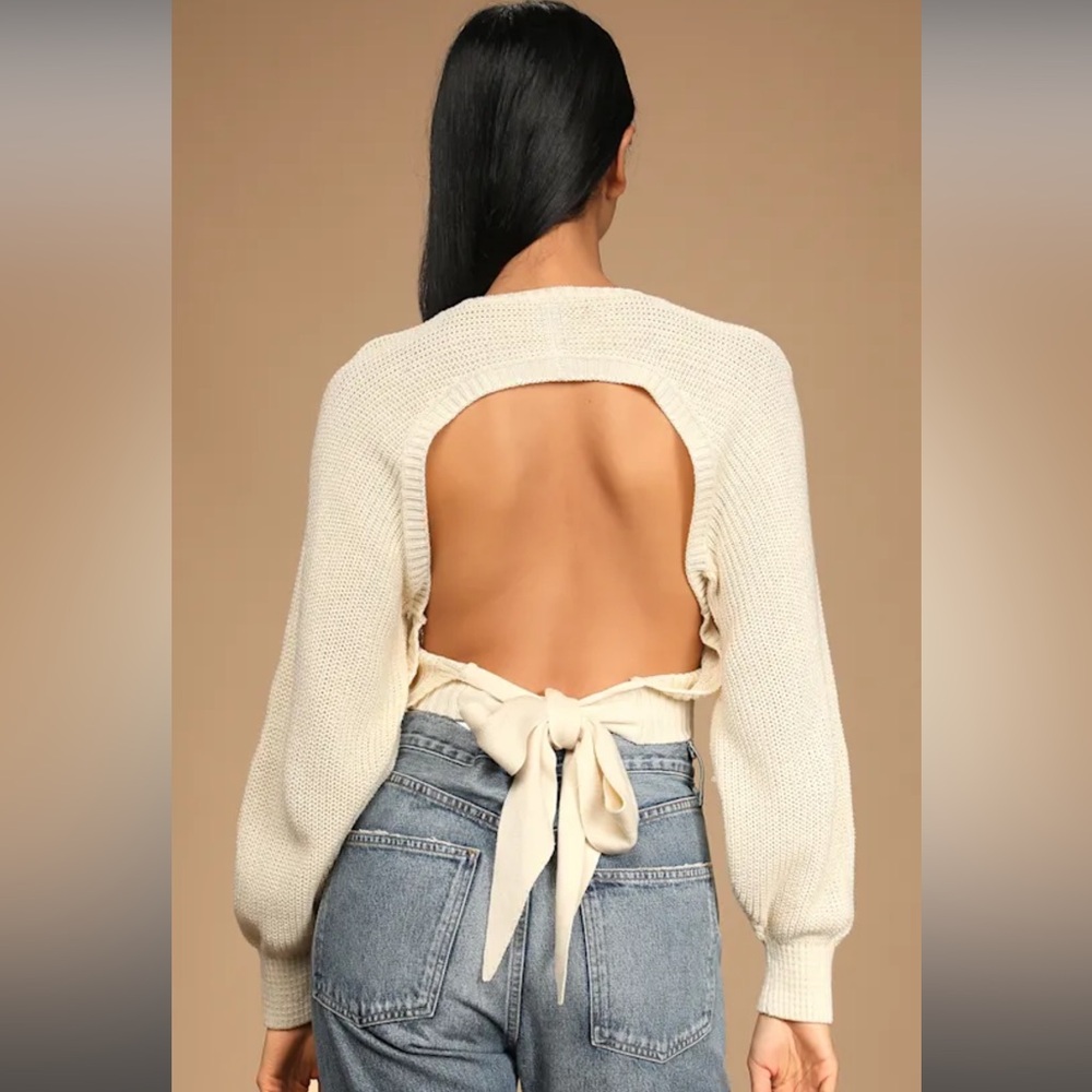 Cream Backless Crop Sweater with Long Bishop Sleeves - Picture 2 of 5